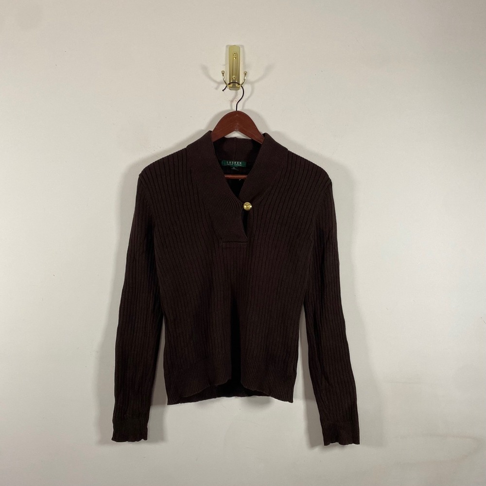 Lauren Ralph Lauren Chocolate Brown Ribbed Sweater Shawl Collar Gold Button Med - Picture 1 of 6